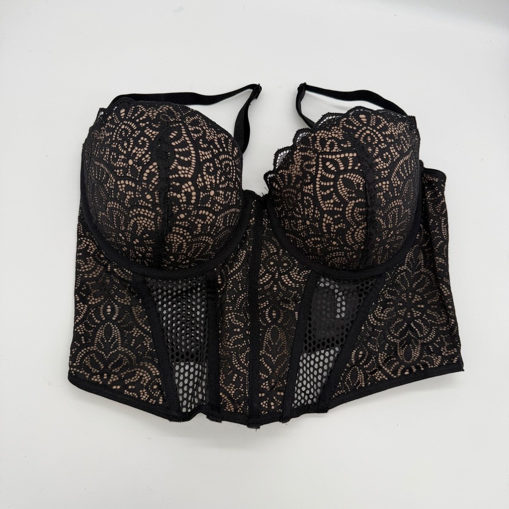 Adored by Adore Me Black Lace Mesh Bustier Corset Bra 38C Feminine Coquette Girl
